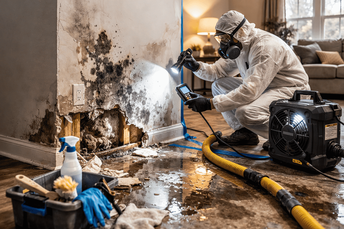 Technician performing professional mold remediation in Tulsa home