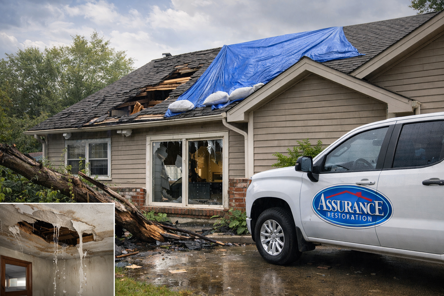 Storm-damaged home in Tulsa with restoration truck on-site