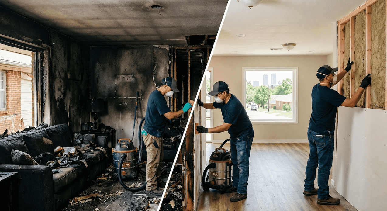 Fire damage restoration and home renovation in Tulsa, OK showing before and after cleanup and rebuild