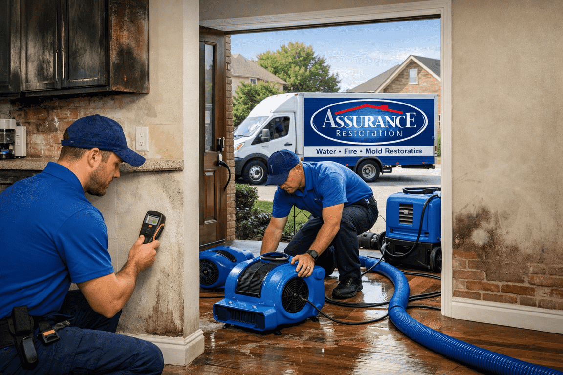 Water damage restoration in Tulsa home with technicians and service truck